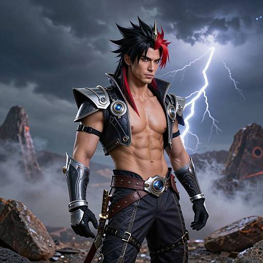 Muscular, black-haired anime warrior with red streak, lightning bolt background, black armor, and belt with blue gem, standing in rocky landscape.