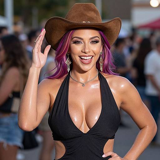 Photograph of a smiling woman with purple hair, wearing a brown cowboy hat, black halter top, and large earrings, saluting outdoors. Background