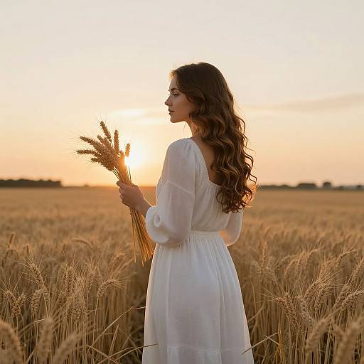 Woman in Wheat Field at Sunset