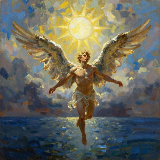 Digital painting of a muscular, winged angel with golden wings, glowing sun behind, and white cloth around waist, floating over dark blue water.