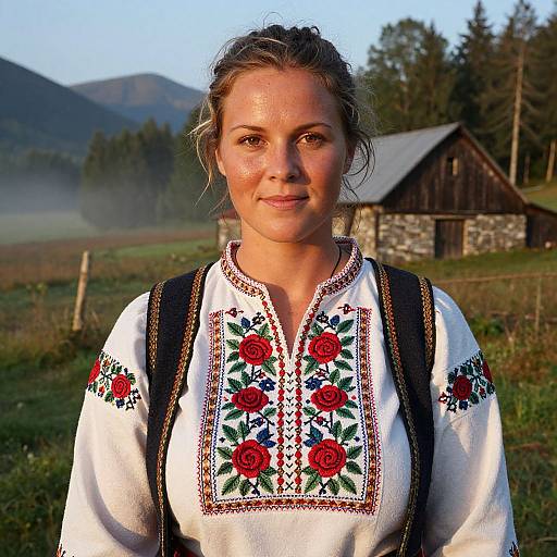 Photograph of a smiling Caucasian woman with light brown hair in traditional white embroidered blouse with red flowers, standing in a rural field with a wooden barn and