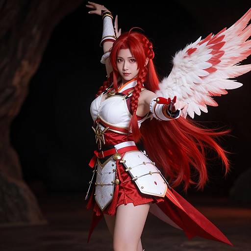 CGI image of a red-haired, anime-style female warrior with white feathered wings, wearing white and red armor, posing dynamically in a dark forest