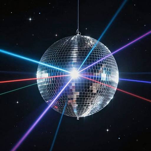 Photograph of a reflective disco ball with colorful laser beams (blue, red, purple) against a starry black background.