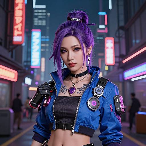 Digital artwork of a purple-haired woman with tattoos in a neon-lit cyberpunk city, wearing a blue jacket, black crop top, and gloves,