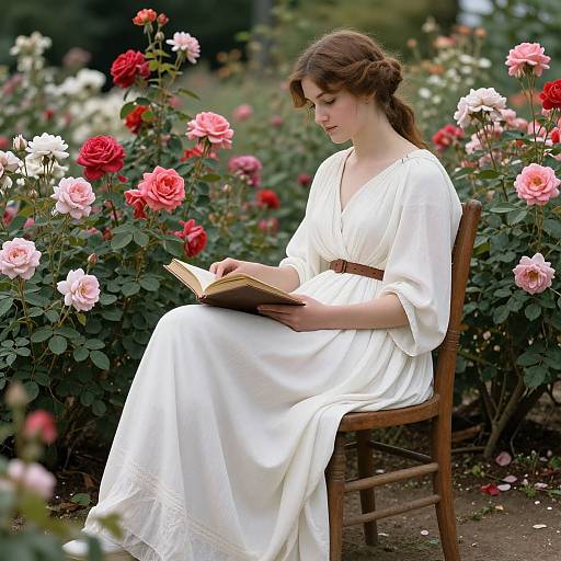 Photograph of a young woman in a white, vintage-style dress, reading a book amidst a vibrant garden of red and pink roses.