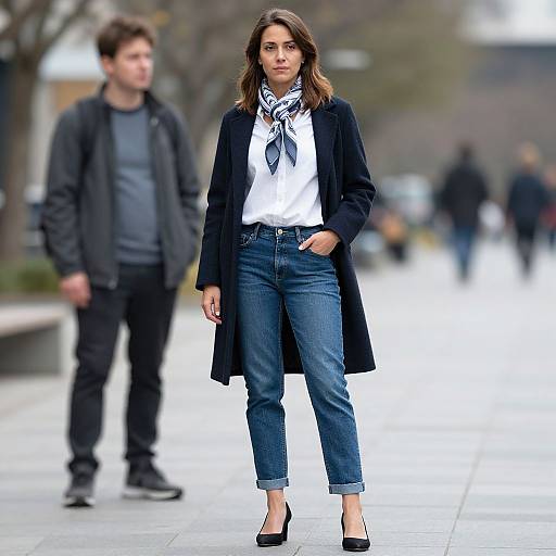 Photograph of a confident woman with shoulder-length brown hair, wearing a black coat, white shirt, blue jeans, black scarf, and heels, standing