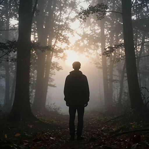 Solitary Figure in Misty Forest Dawn