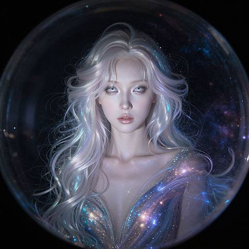 Digital artwork of a pale-skinned, ethereal woman with long, flowing white hair, wearing a sparkling, galaxy-patterned top, enclosed in a