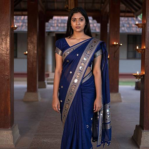 Poised Indian Woman in Blue Saree