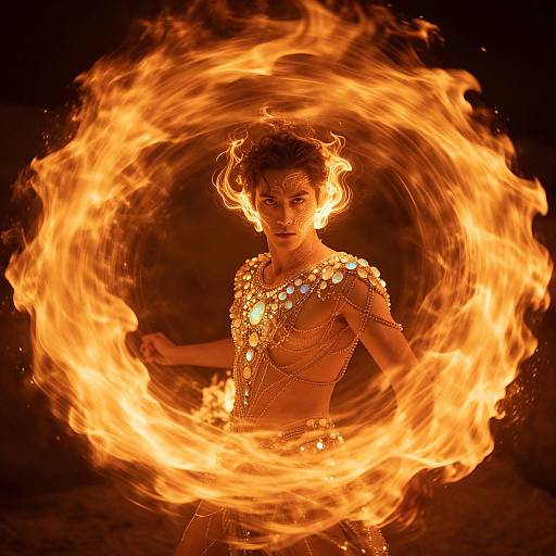 Photograph of a fiery, topless woman with dark hair, adorned in glowing jewelry, standing in a circular blaze against a black background, exuding