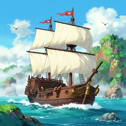 Colorful digital illustration of a wooden pirate ship with white sails, red flags, and cannons, sailing through turquoise waters past lush, rocky islands under a