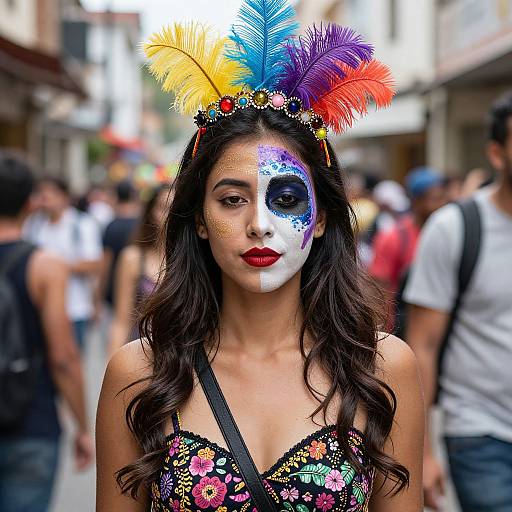 Photograph of a young woman with colorful feather headdress, floral lace dress, and face paint, standing in a bustling urban street.