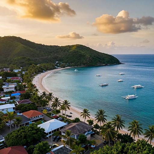 Photograph of a tropical coastline at sunset with palm trees, white boats on calm blue ocean, green hills, and colorful buildings.