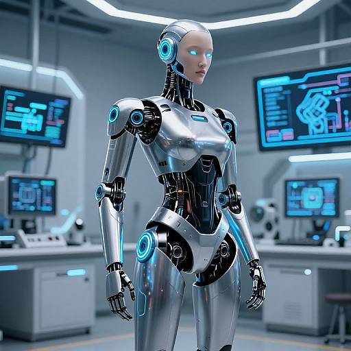 Futuristic Humanoid Robot in Hi-Tech Lab