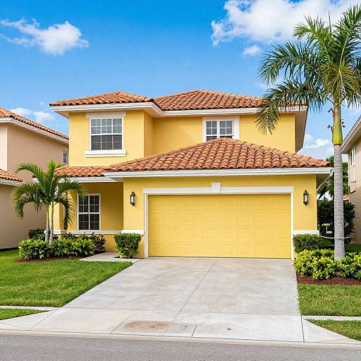 Photograph of a bright yellow, two-story house with red-tiled roof, white trim, garage, palm trees, and lush green lawn under a