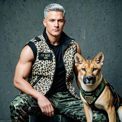 Fit Man in Leopard Vest with Military Dog