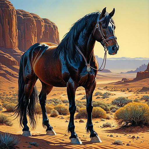 Glossy Black Horse in Desert Landscape