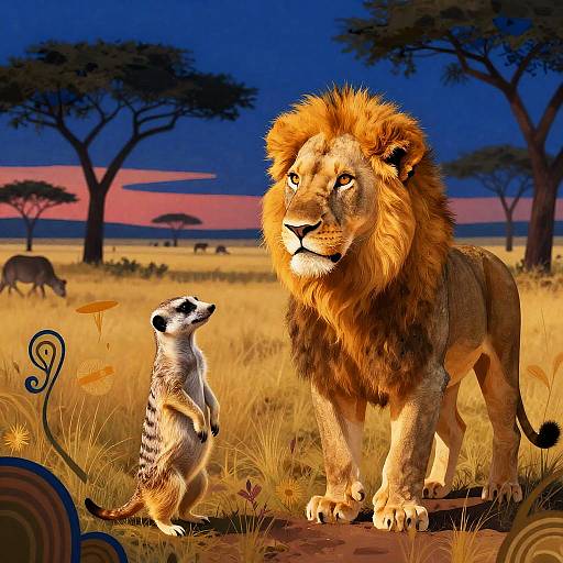 Golden-Maned Lion Cub Meets Curious Meerkat