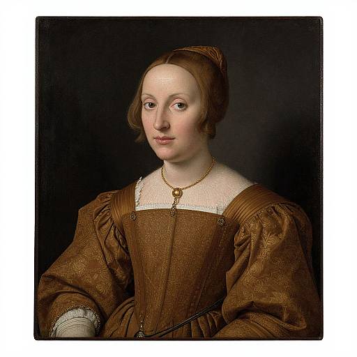 Photograph of a 16th-century portrait painting: fair-skinned woman with brown hair, wearing a brown, textured, puffed-sleeve