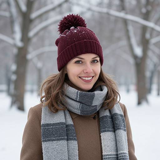 Photograph of a smiling woman with brown hair, wearing a maroon knit beanie with pom-pom, gray plaid scarf, and brown coat