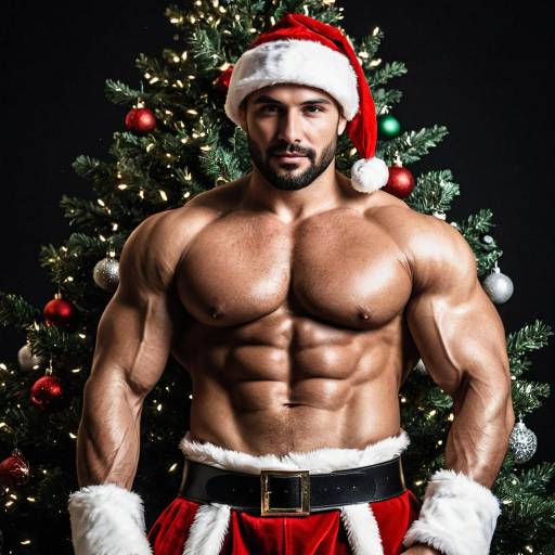 Muscular Man in Santa Outfit with Christmas Tree