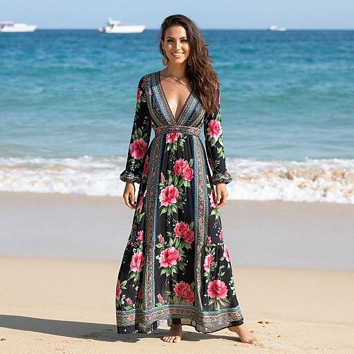 Photograph of a smiling woman with long dark hair, wearing a black floral dress with red and pink flowers, standing on a sunny beach with blue ocean