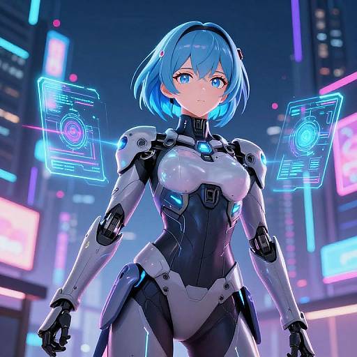 Digital anime-style illustration of a blue-haired, blue-eyed cybernetic woman with glowing neon accents, standing in a futuristic cityscape with neon lights.