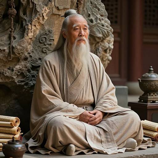 Photograph of an elderly Asian man with a long white beard and gray robes, sitting serenely against a carved stone wall, surrounded by scrolls and