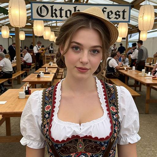 Photograph of a young woman with fair skin and brown hair, wearing a straw hat, white blouse, and embroidered dirndl, at an Oktoberfest