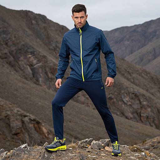 Photograph of a muscular, dark-haired man in navy athletic gear with yellow accents, standing in a rocky mountainous landscape.