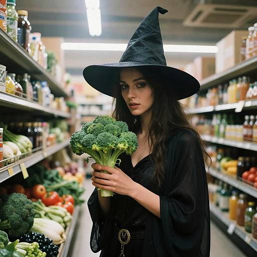 Witch Holding Broccoli in Supermarket Aisle