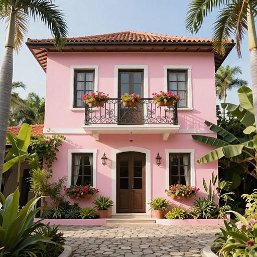 Aesthetic Pink House with Vintage Balcony