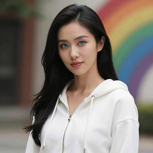 Photograph of a young Asian woman with long black hair, blue eyes, and fair skin, wearing a white hoodie, standing in front of a vibrant