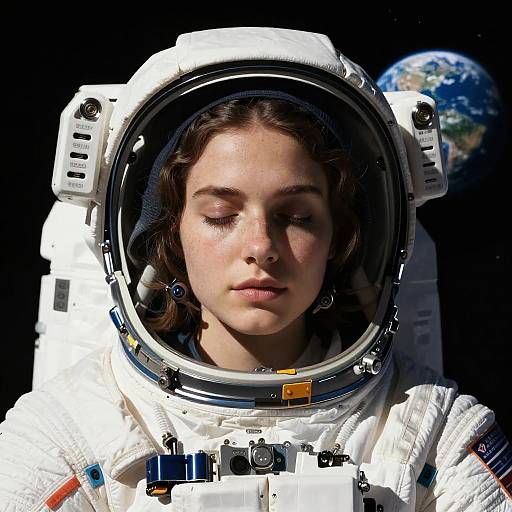 Photorealistic digital image of a young woman with brown hair in a white astronaut suit, reflecting Earth in space's dark background.