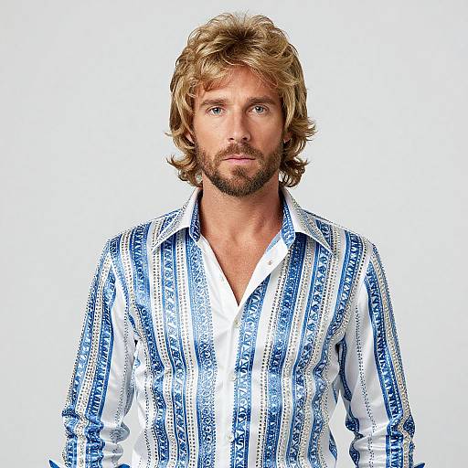Photograph of a blonde, bearded man with blue eyes, wearing a blue and white striped button-up shirt, against a white background.