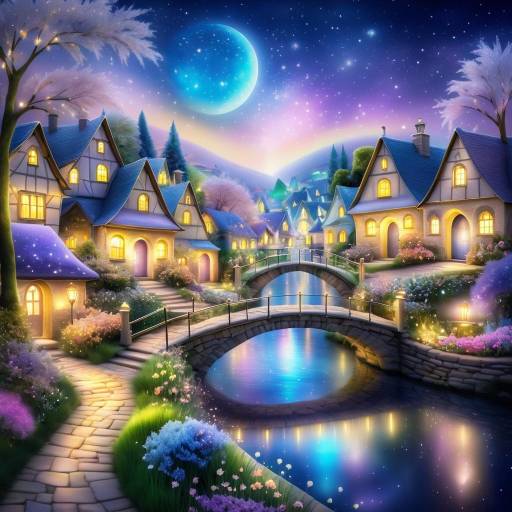 Dreamy Spring Village under Starry Sky