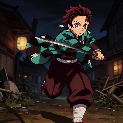 Anime-style digital drawing of a determined young man with red hair, green and black checkered kimono, black pants, and bandaged leg, holding