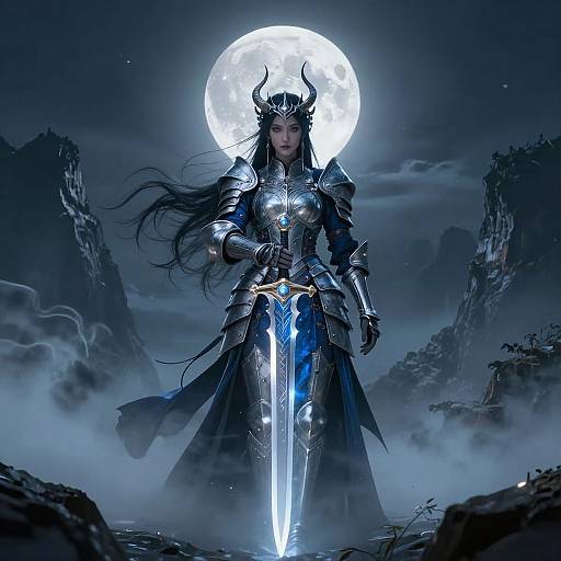 Digital fantasy artwork of a fierce female warrior with black hair, horned helmet, and glowing blue sword, standing before a full moon, surrounded by mist