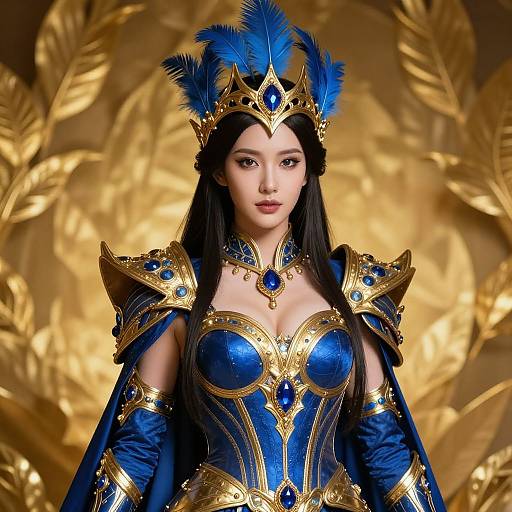 Digital art of an Asian woman in regal blue and gold armor with blue feathers, gem-encrusted chestpiece, and ornate crown,
