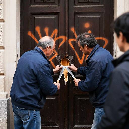 Old Men Breaking Through Graffiti Door