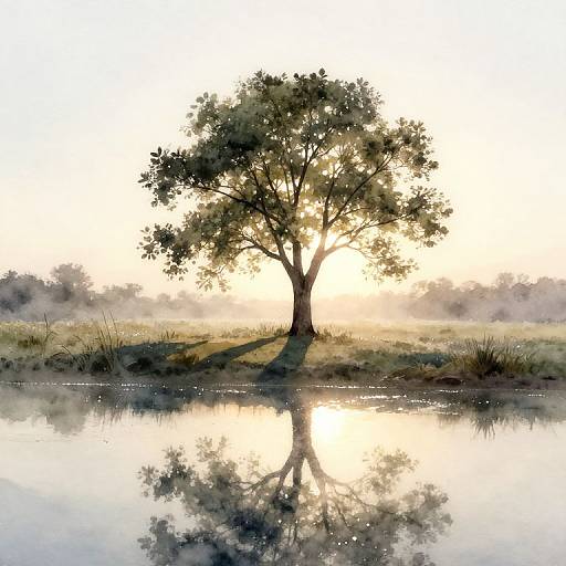 Serene Watercolor Landscape at Sunrise