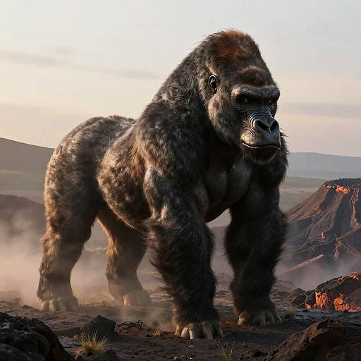 Photorealistic CGI of a massive, dark-furred, prehistoric mammoth with prominent tusks standing on a volcanic landscape at sunset.