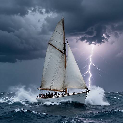 Photograph of a white sailboat with dark sails braving turbulent stormy waters, struck by a vivid lightning bolt in a dramatic, cloudy sky.