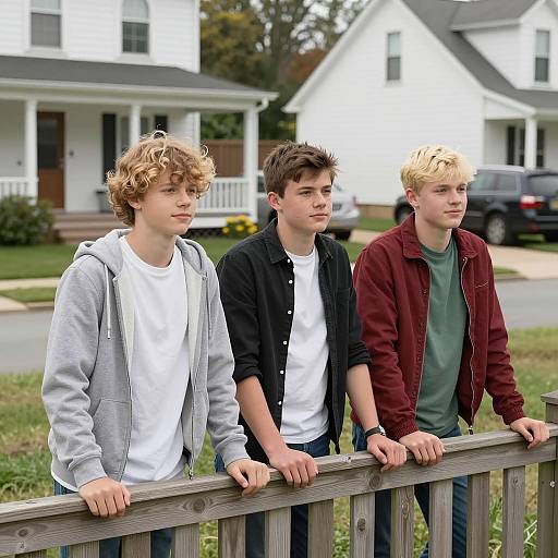 Teenage Boys on Fence in Suburbia