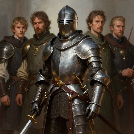 Digital painting of four medieval knights: central armored knight with helmet, three bearded men in chainmail and tunics, serious expressions, dimly lit