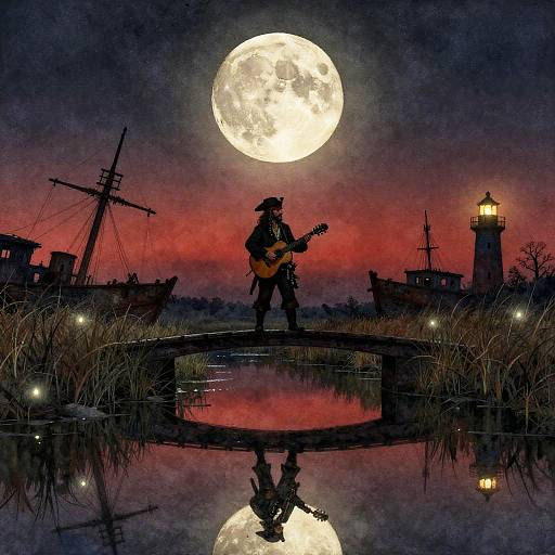 Silhouetted musician with guitar stands on bridge, moonlit sky, red-orange horizon, reflected in water, lighthouse and ship in background.