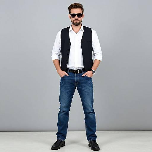 Photograph of a bearded man with short brown hair, wearing black sunglasses, white shirt, black vest, blue jeans, black belt, and black
