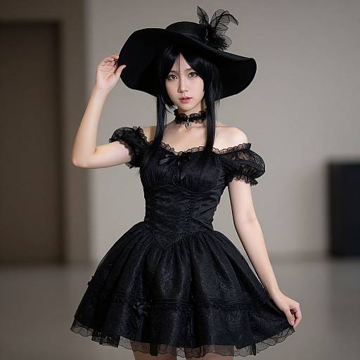 Photograph of an East Asian woman in a black gothic dress and wide-brimmed hat with feathers, standing in a minimalist room.