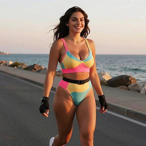 Smiling Woman Jogging by Ocean at Dusk