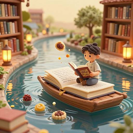 CGI illustration: Cute boy with black hair sits on a floating book, reading in a serene, bookshelf-lined canal at sunset. Floating lanterns